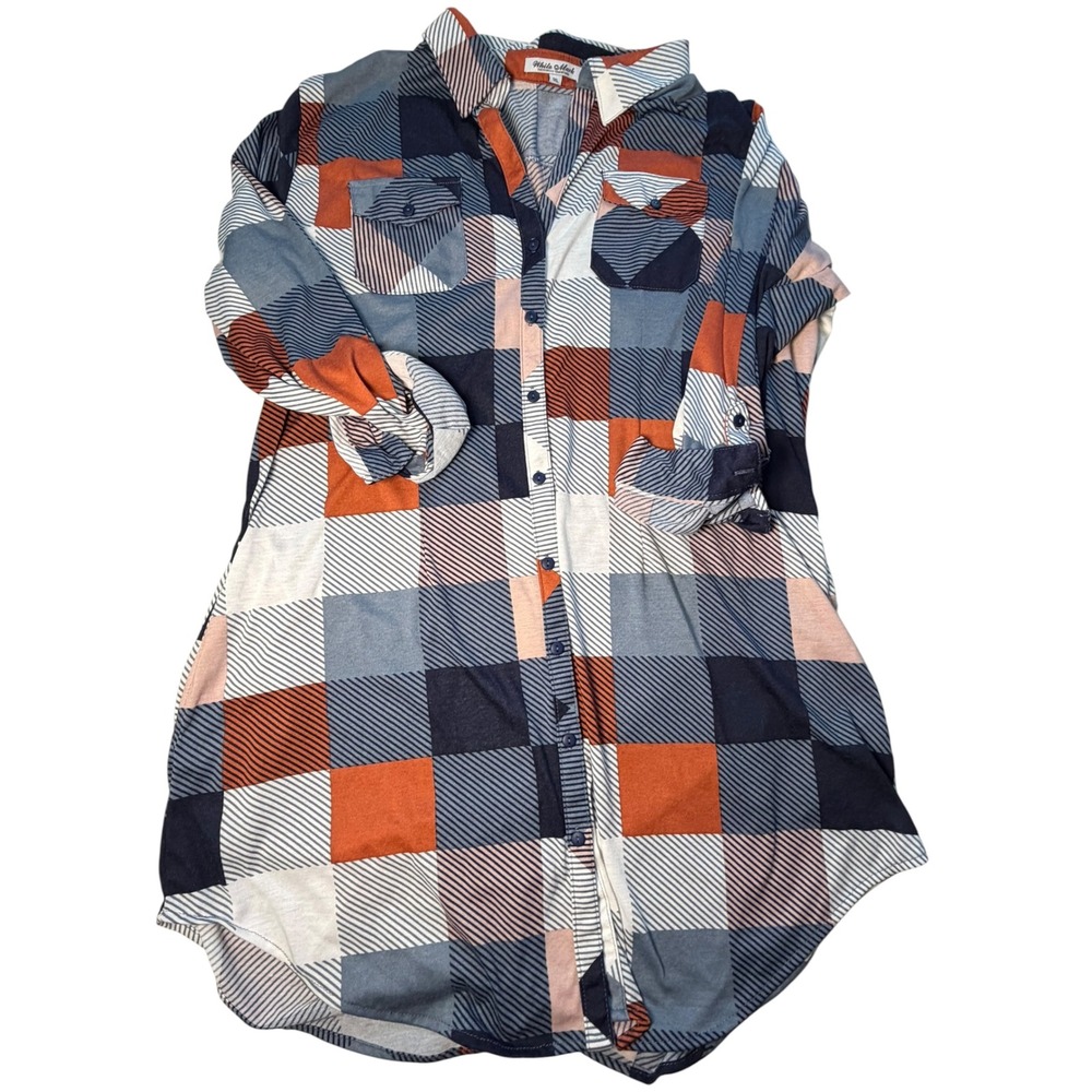 White Mark Plaid Button Down Tunic Shirt Oversized Cozy Hidden Pockets Navy 1XL